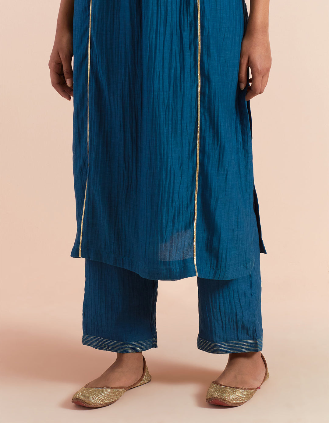 Dark Blue embroidered chanderi silk kurta with pants and dupatta- Set of 3