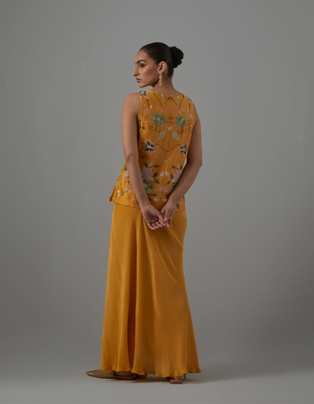 Yellow embroidered crepe top with drape skirt-Set of 2