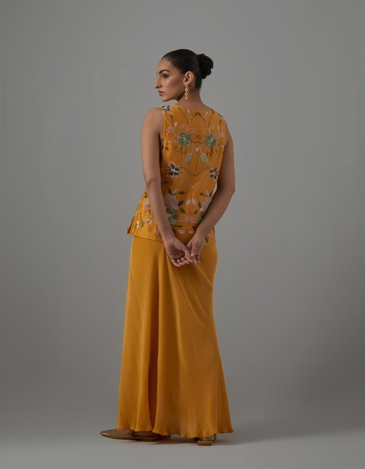 Yellow embroidered crepe top with drape skirt-Set of 2