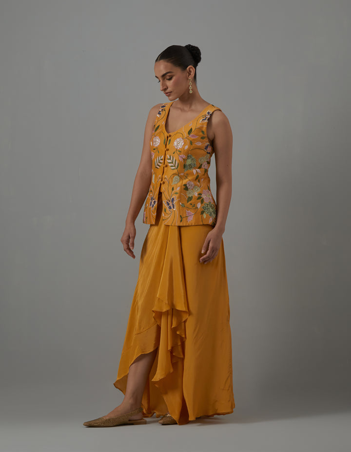 Yellow embroidered crepe top with drape skirt-Set of 2