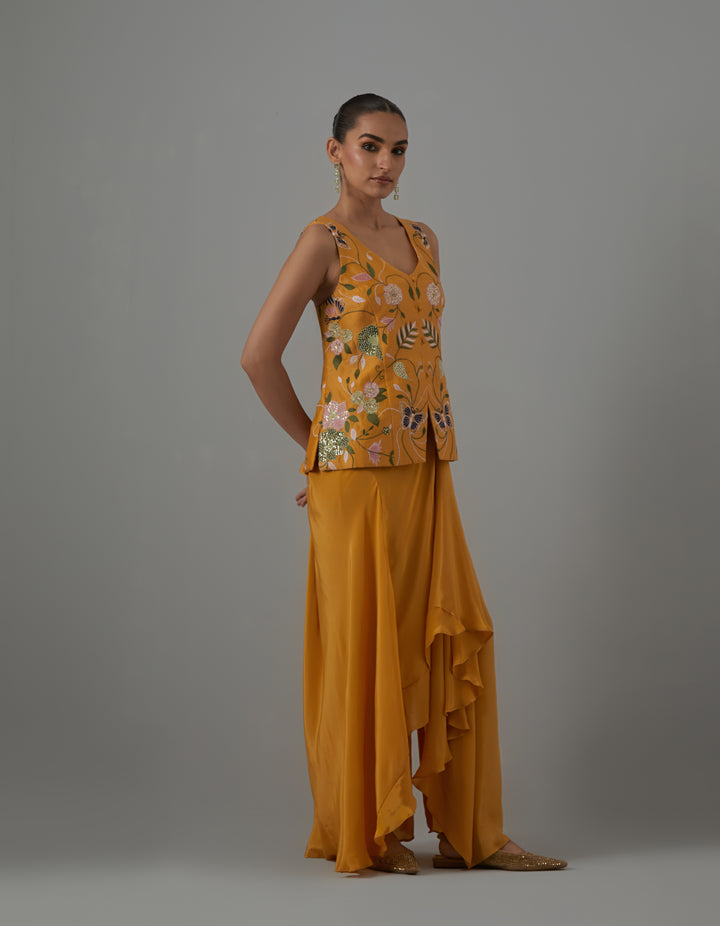 Yellow embroidered crepe top with drape skirt-Set of 2