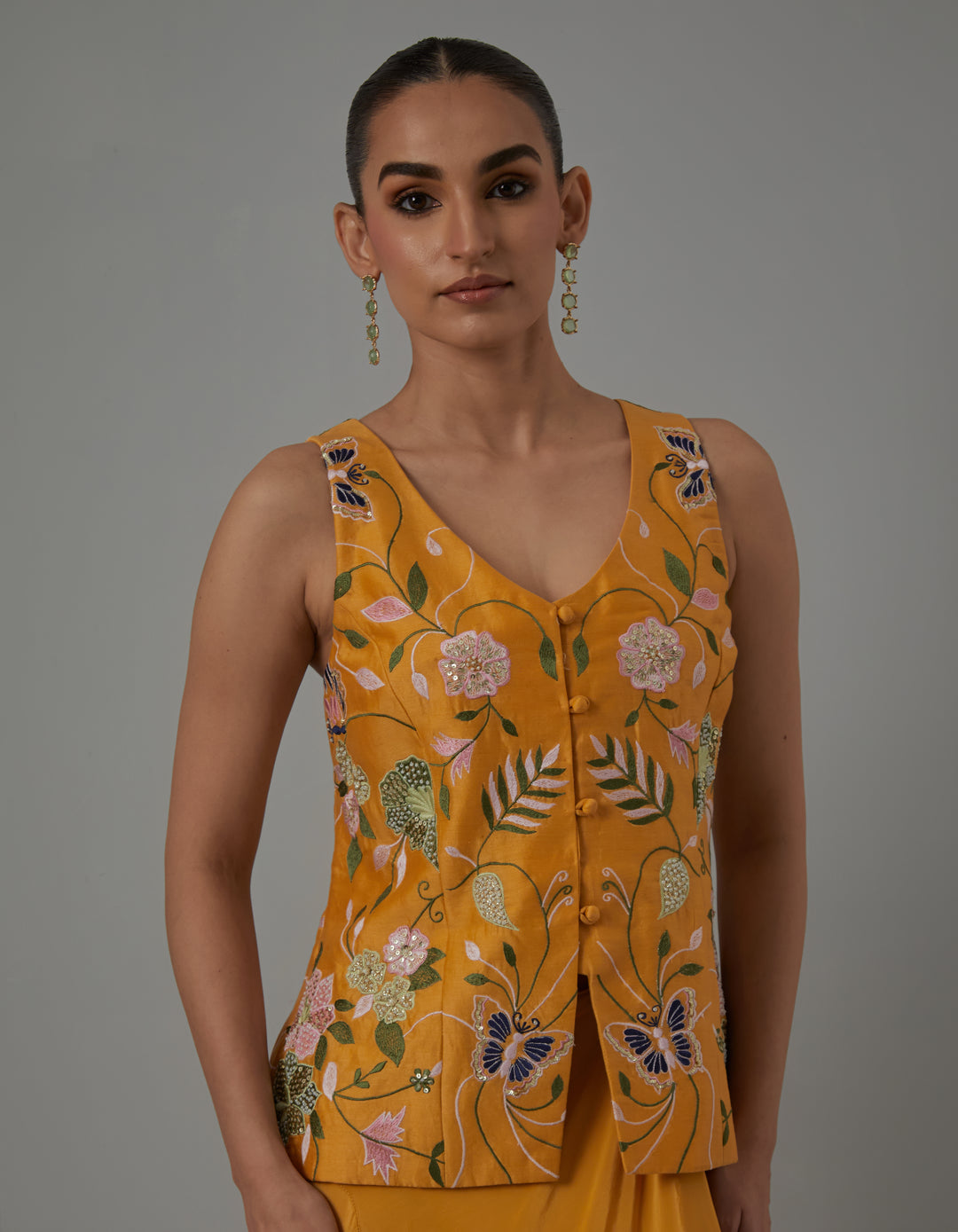 Yellow embroidered crepe top with drape skirt-Set of 2