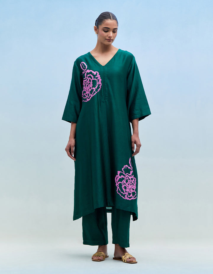 Green chanderi kurta with pants - Set of 2