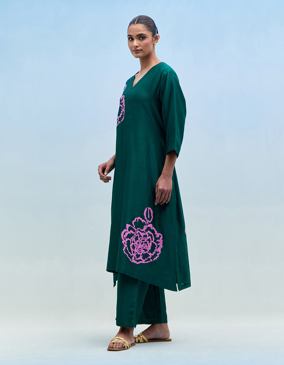 Green chanderi kurta with pants - Set of 2