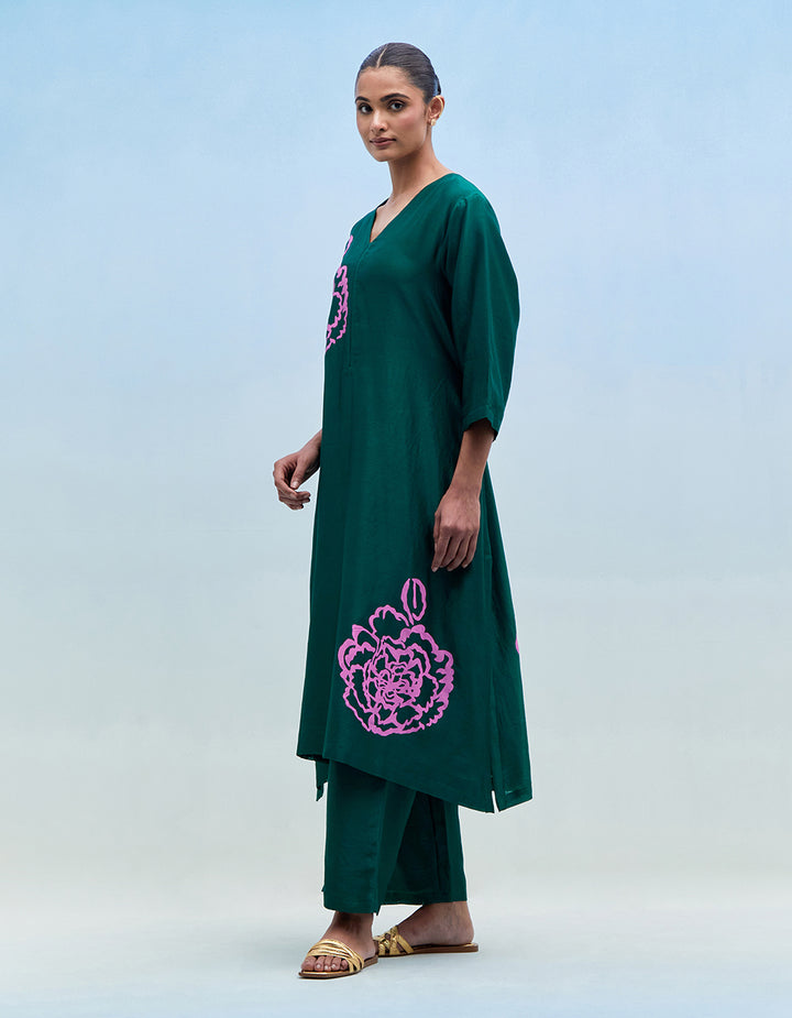 Green chanderi kurta with pants - Set of 2