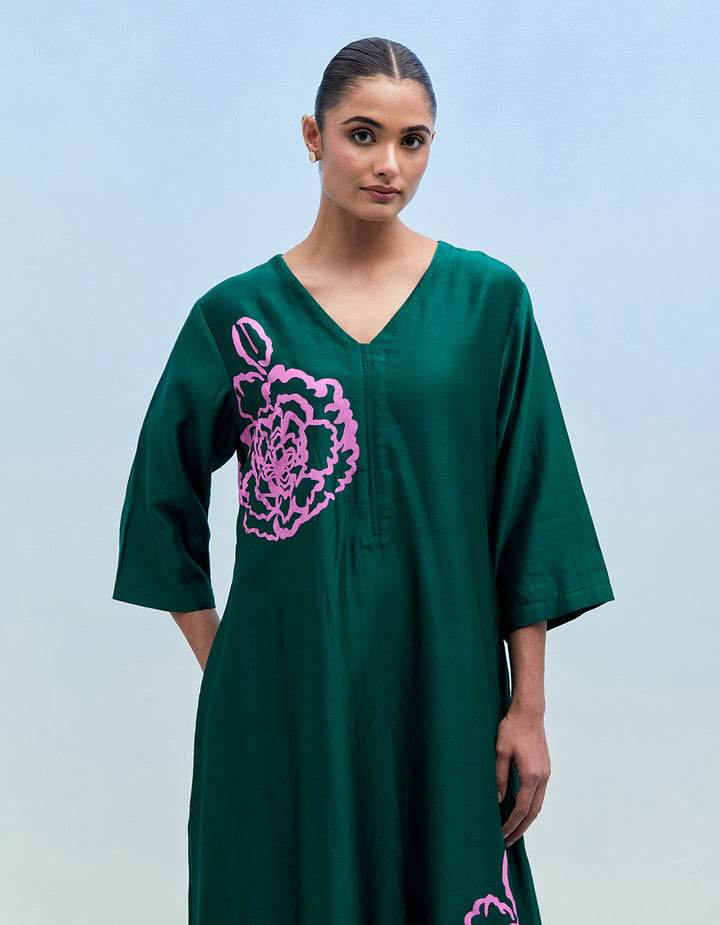 Green chanderi kurta with pants - Set of 2