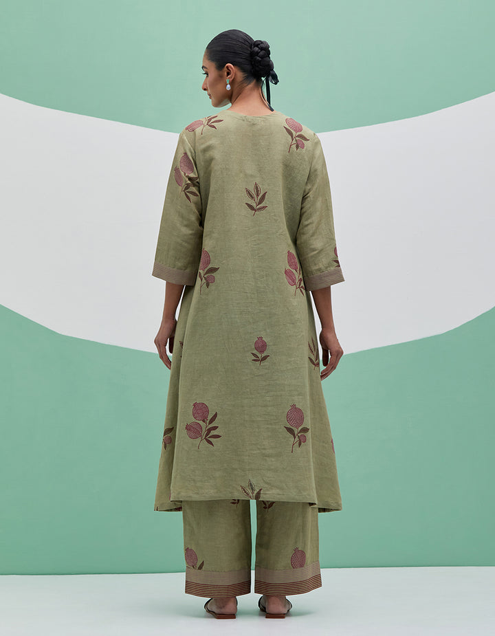 Green linen kurta with pant and dupatta - Set of 3