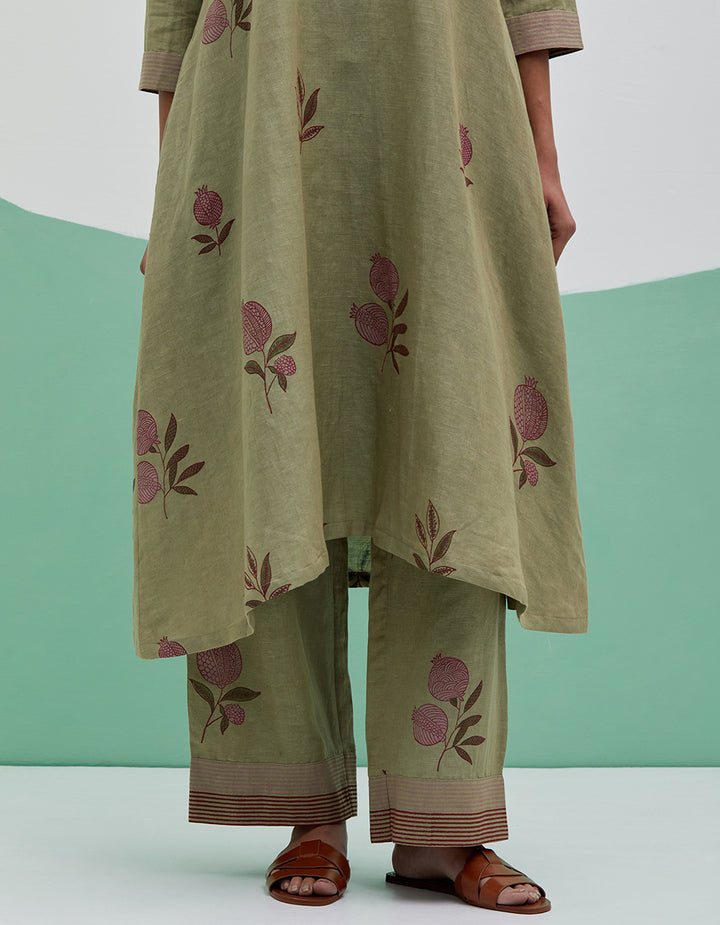 Green linen kurta with pant and dupatta - Set of 3