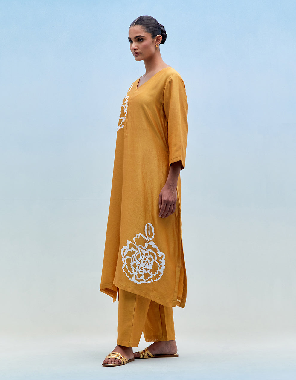 Mustard chanderi kurta with pants - Set of 2