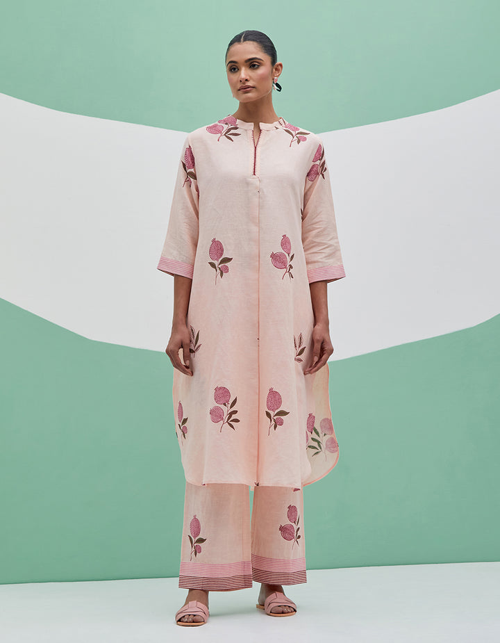 Peach Linen kurta with pants and dupatta- Set of 3