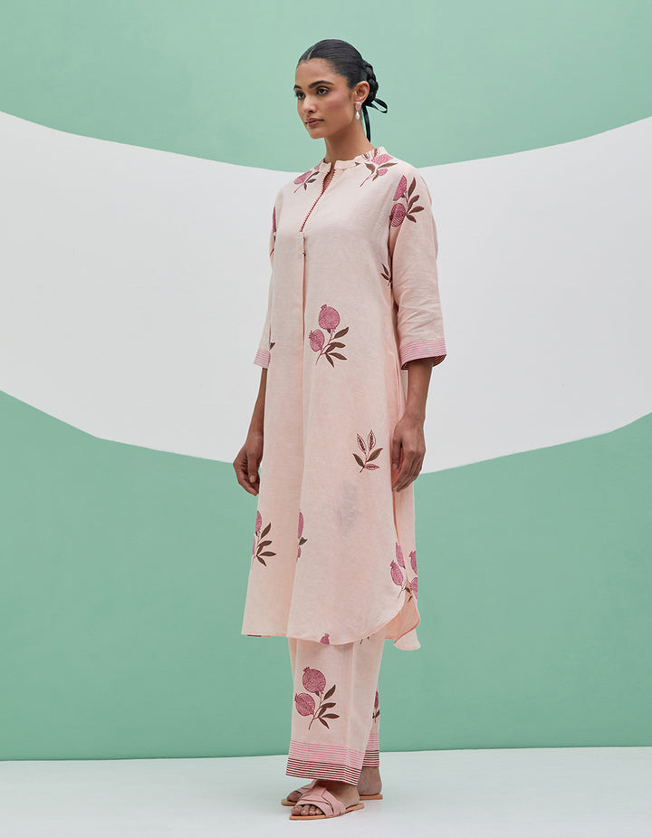 Peach Linen kurta with pants and dupatta- Set of 3