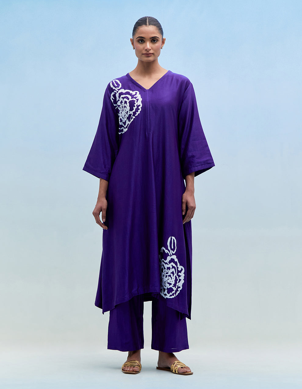 Purple chanderi kurta with pants - Set of 2