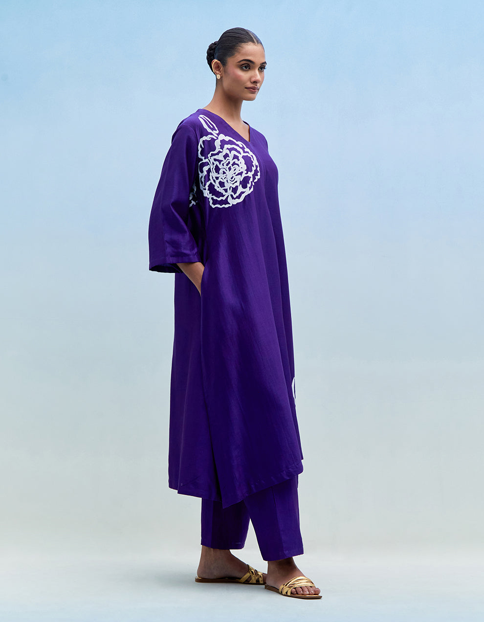 Purple chanderi kurta with pants - Set of 2