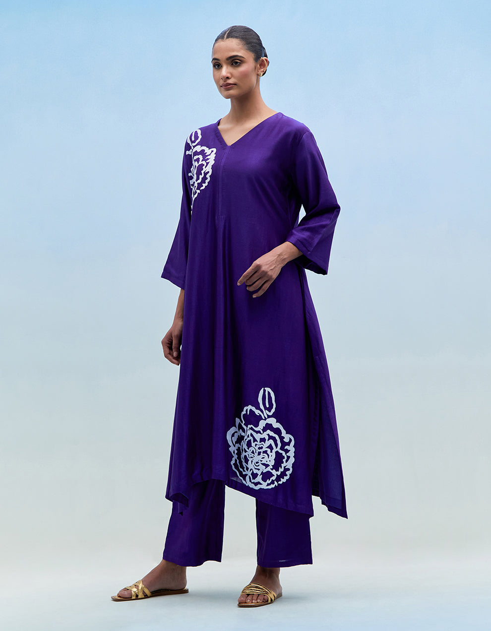 Purple chanderi kurta with pants - Set of 2