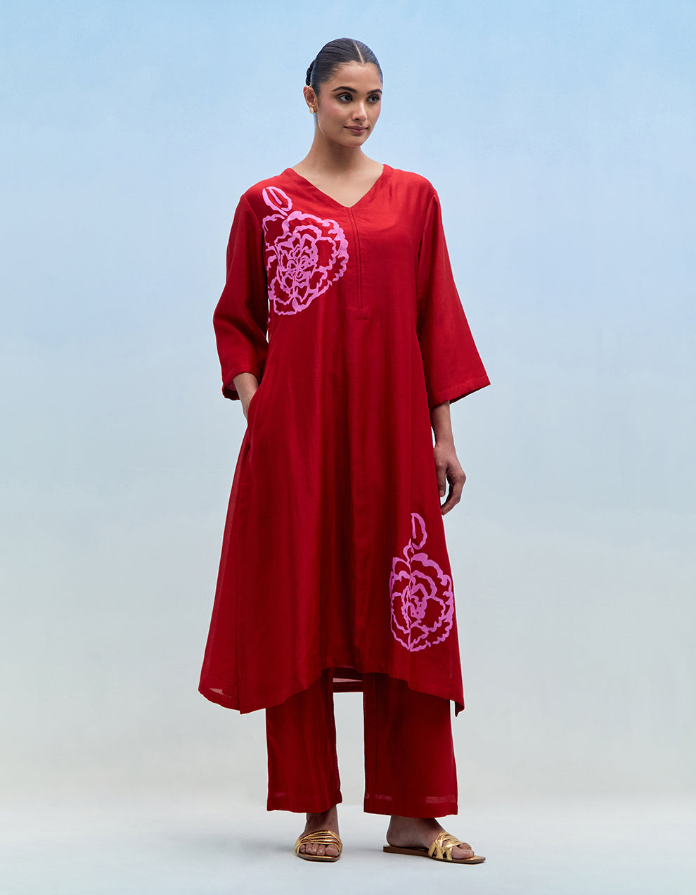 Red chanderi kurta with pants - Set of 2