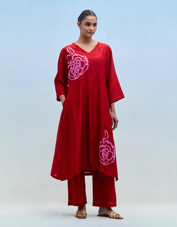Red chanderi kurta with pants - Set of 2