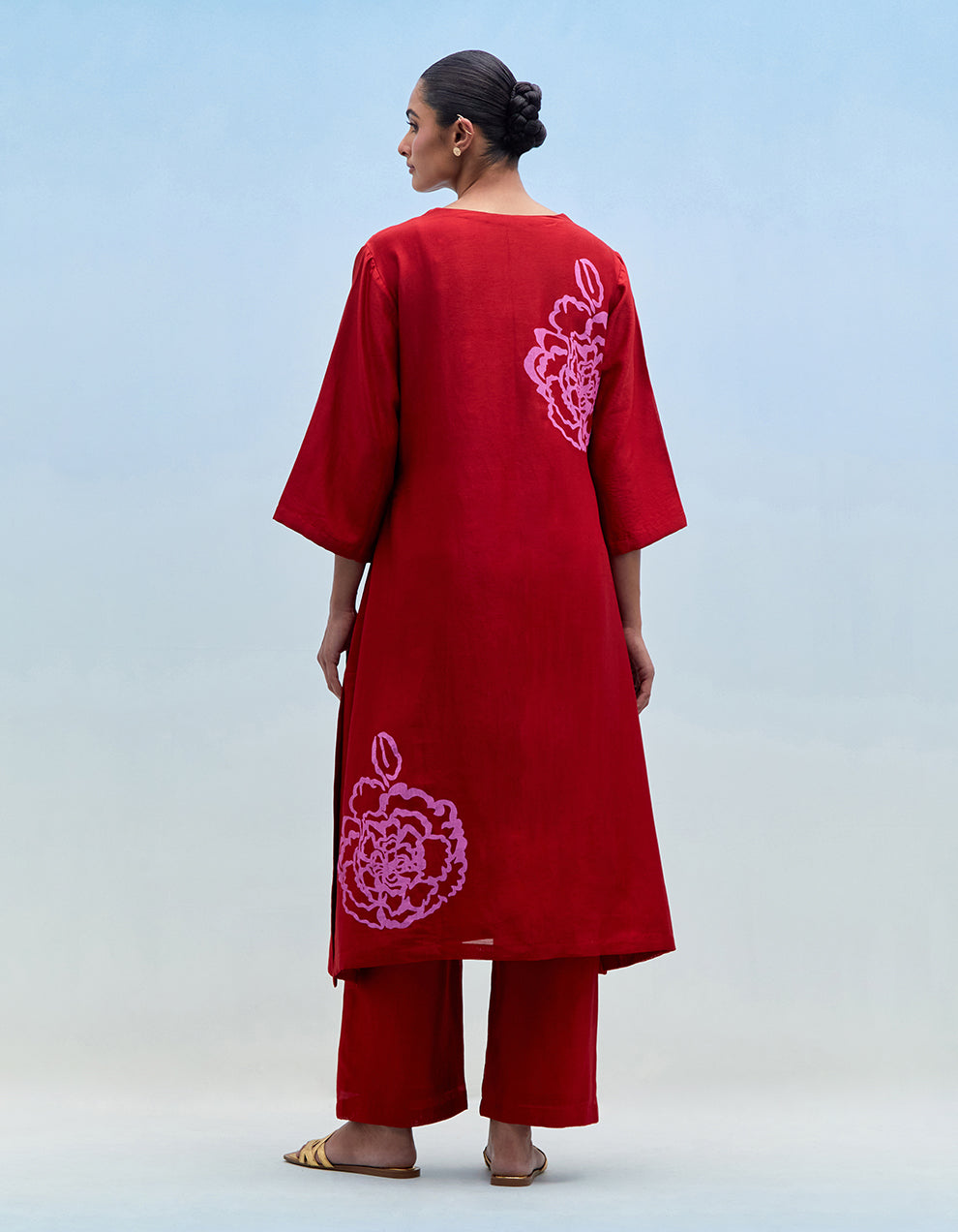 Red chanderi kurta with pants - Set of 2