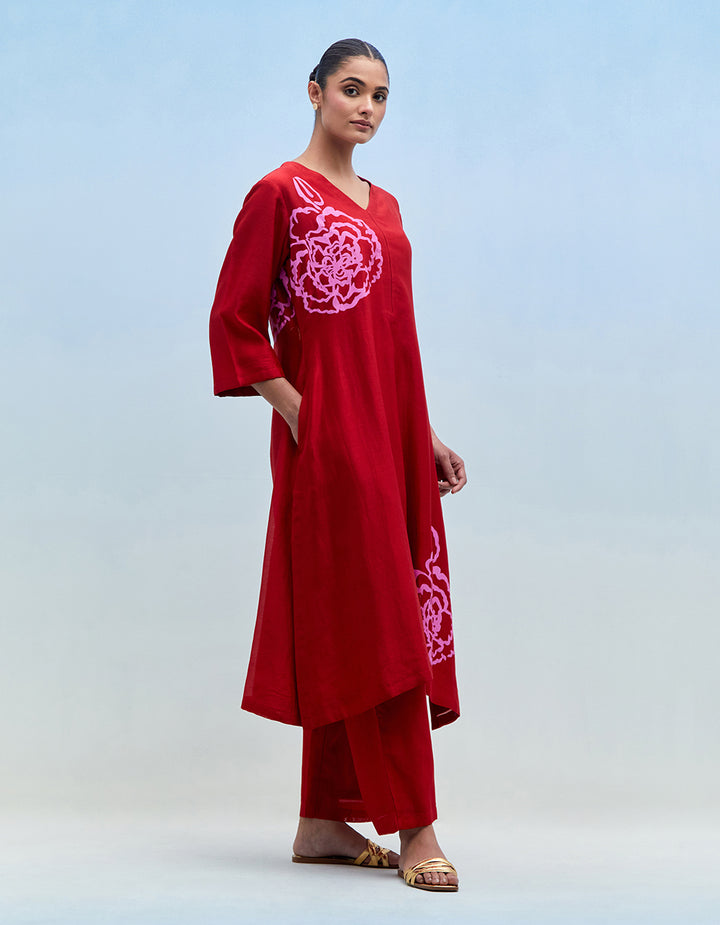 Red chanderi kurta with pants - Set of 2