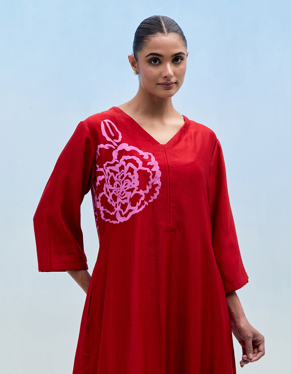 Red chanderi kurta with pants - Set of 2