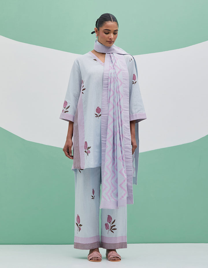 Sky blue linen kurta with pant and dupatta - Set 3