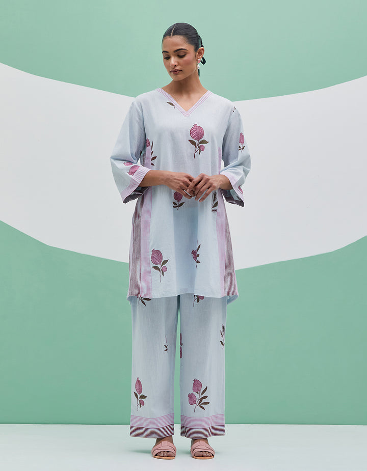 Sky blue linen kurta with pant and dupatta - Set 3