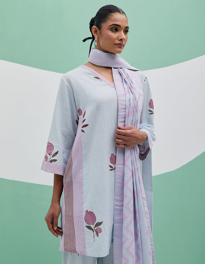 Sky blue linen kurta with pant and dupatta - Set 3