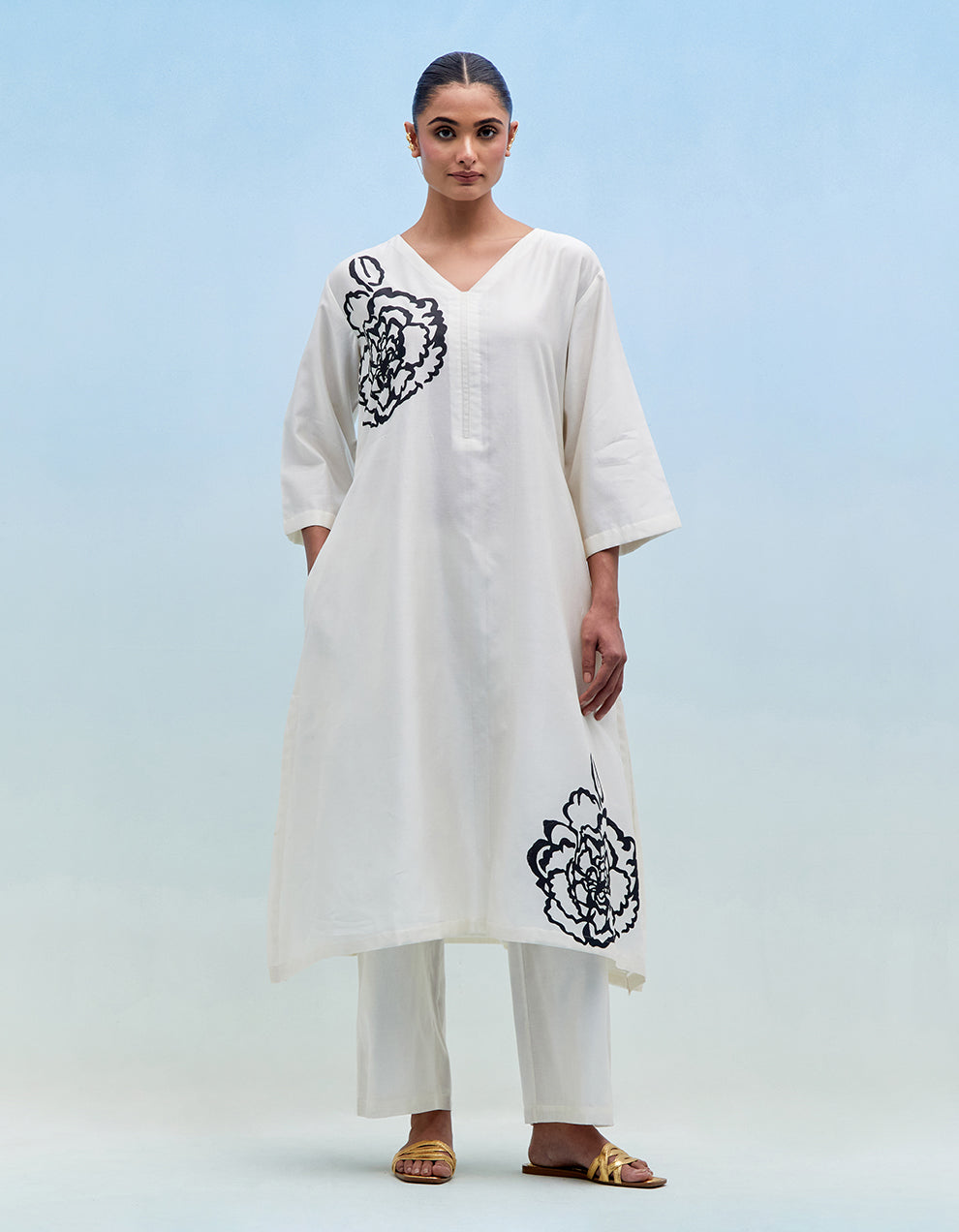 White chanderi kurta with pants - Set of 2