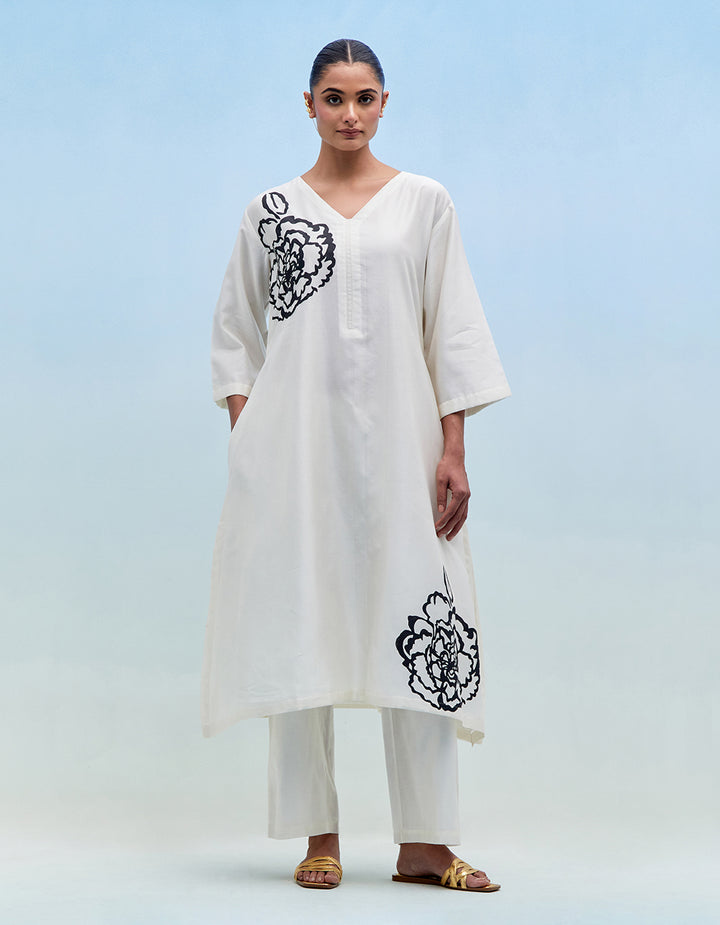 White chanderi kurta with pants - Set of 2