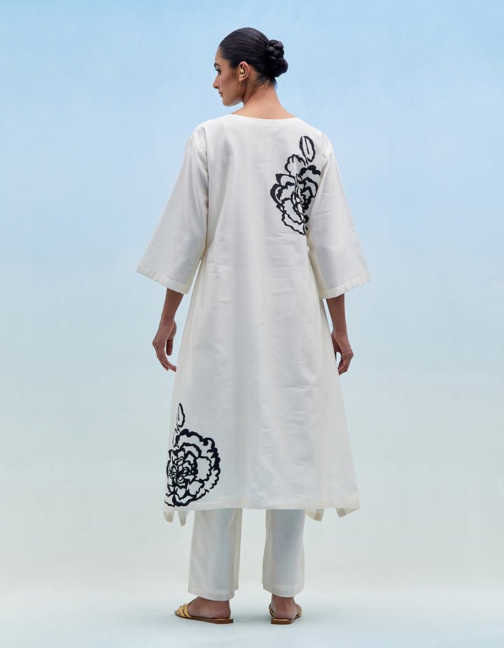 White chanderi kurta with pants - Set of 2