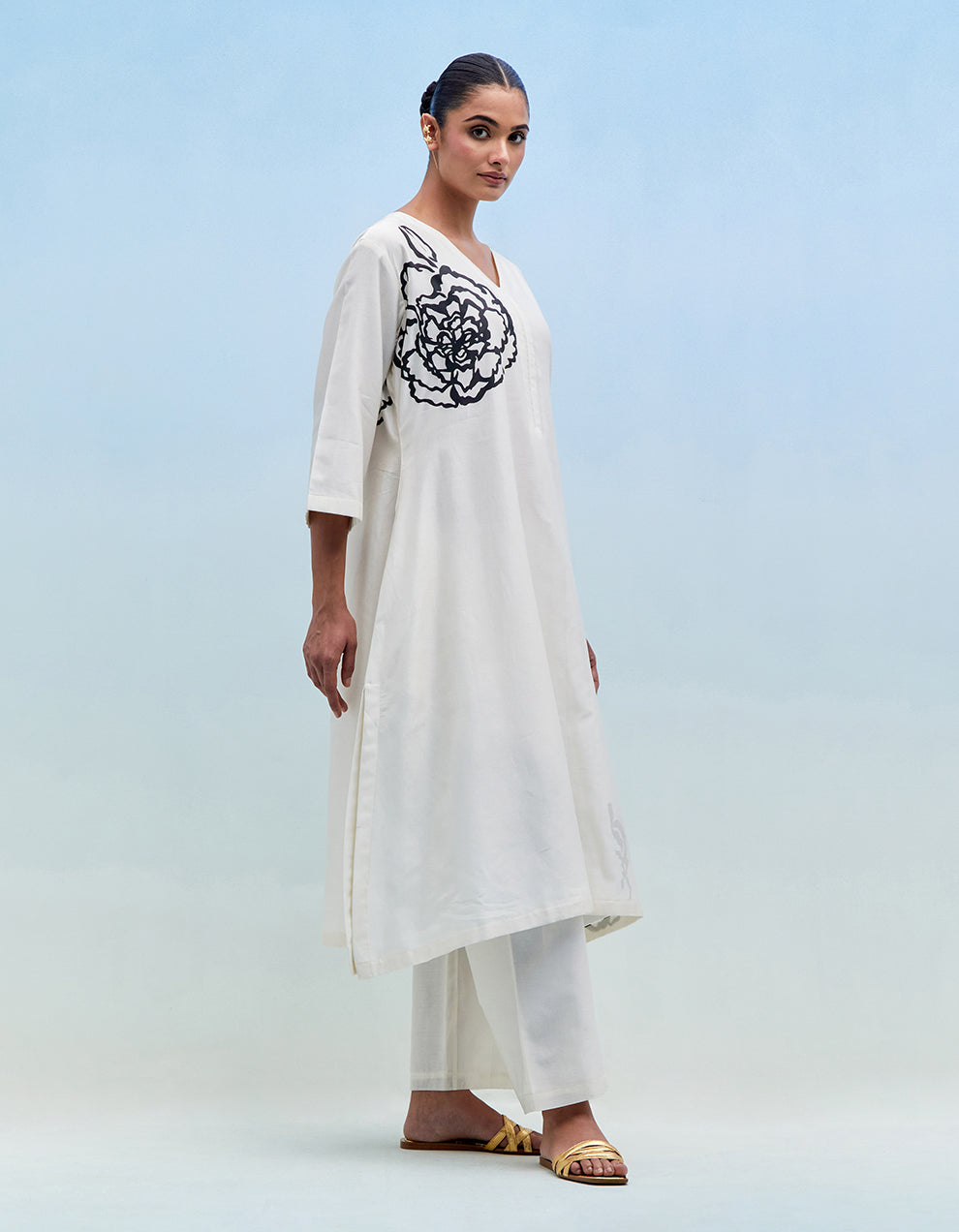 White chanderi kurta with pants - Set of 2