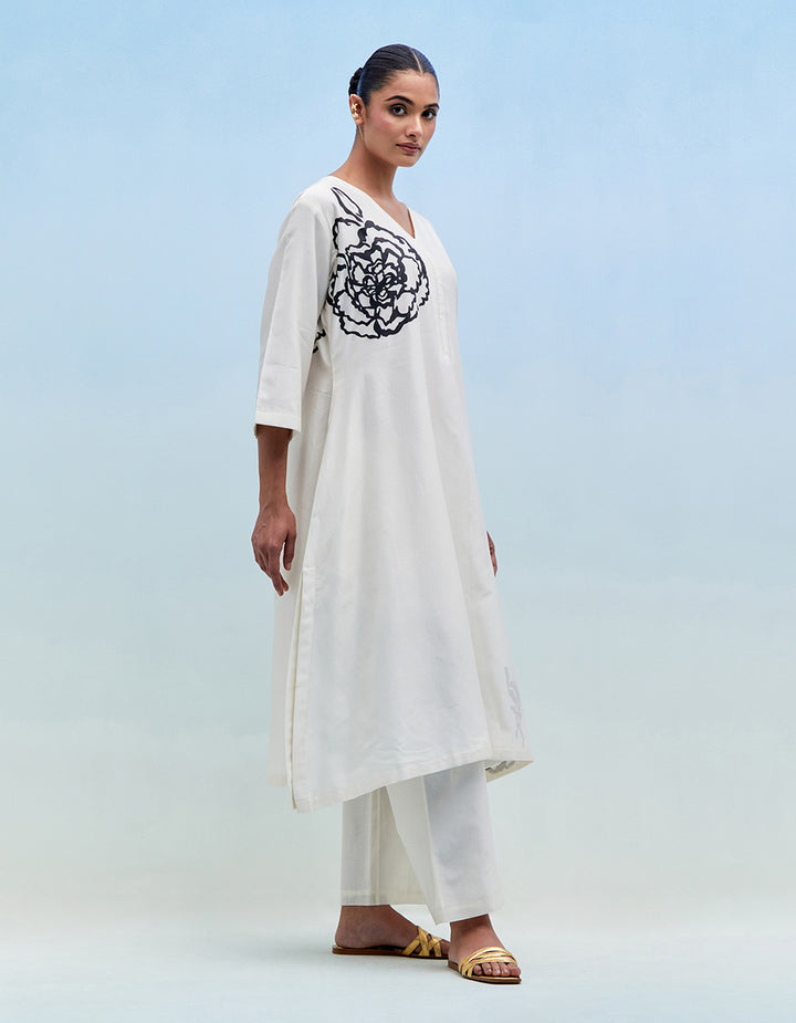 White chanderi kurta with pants - Set of 2