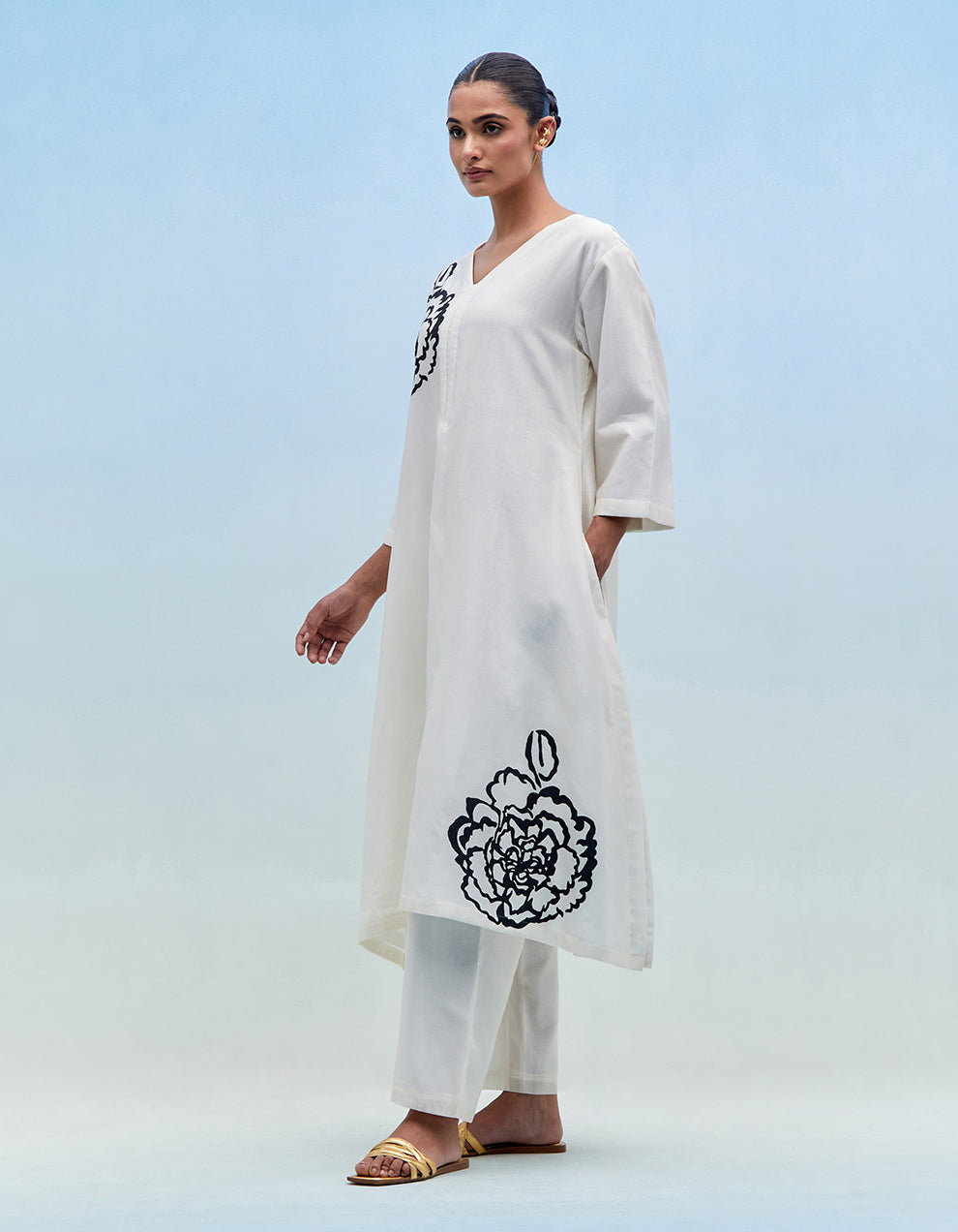 White chanderi kurta with pants - Set of 2