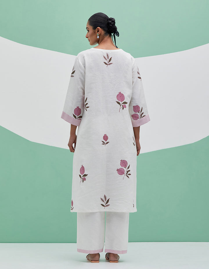 White-Pink linen kurta with pant and dupatta - Set 3