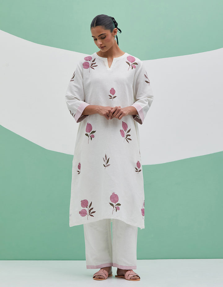 White-Pink linen kurta with pant and dupatta - Set 3
