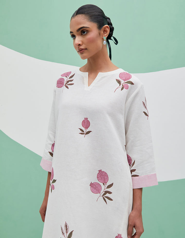 White-Pink linen kurta with pant and dupatta - Set 3