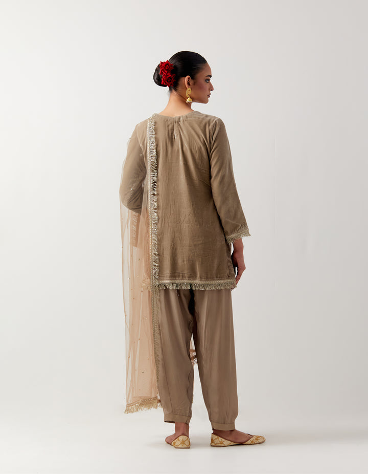 Beige silk velvet kurta