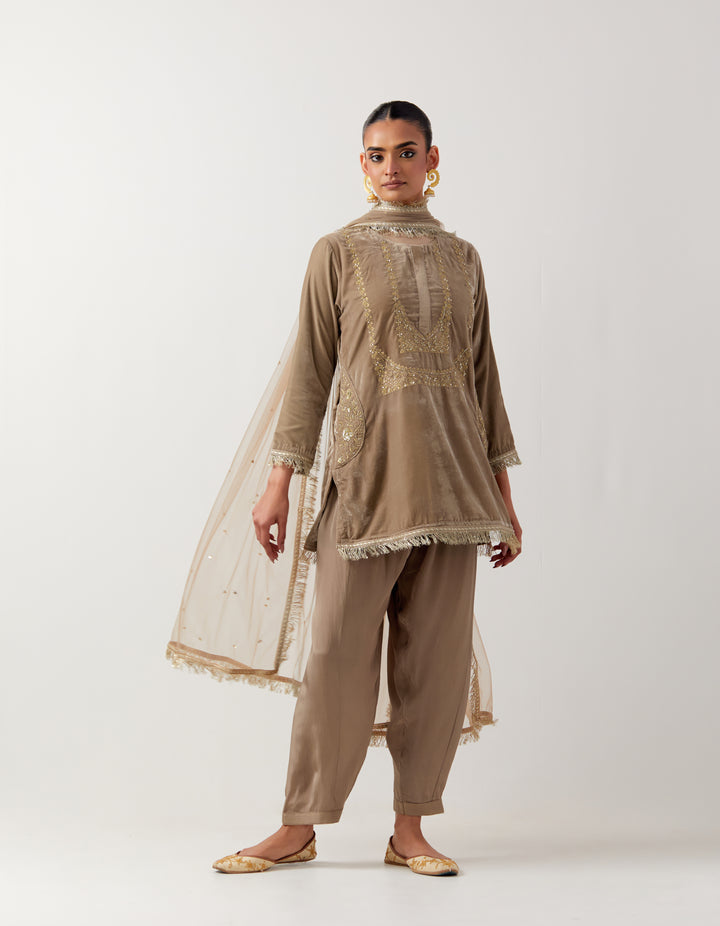 Beige silk velvet kurta with crepe salwar and net dupatta- Set of 3