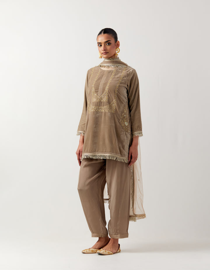 Beige silk velvet kurta with crepe salwar and net dupatta- Set of 3