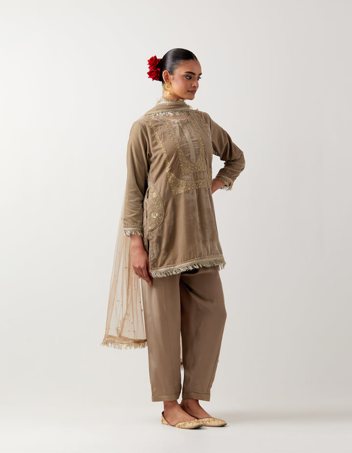 Beige silk velvet kurta with crepe salwar and net dupatta- Set of 3