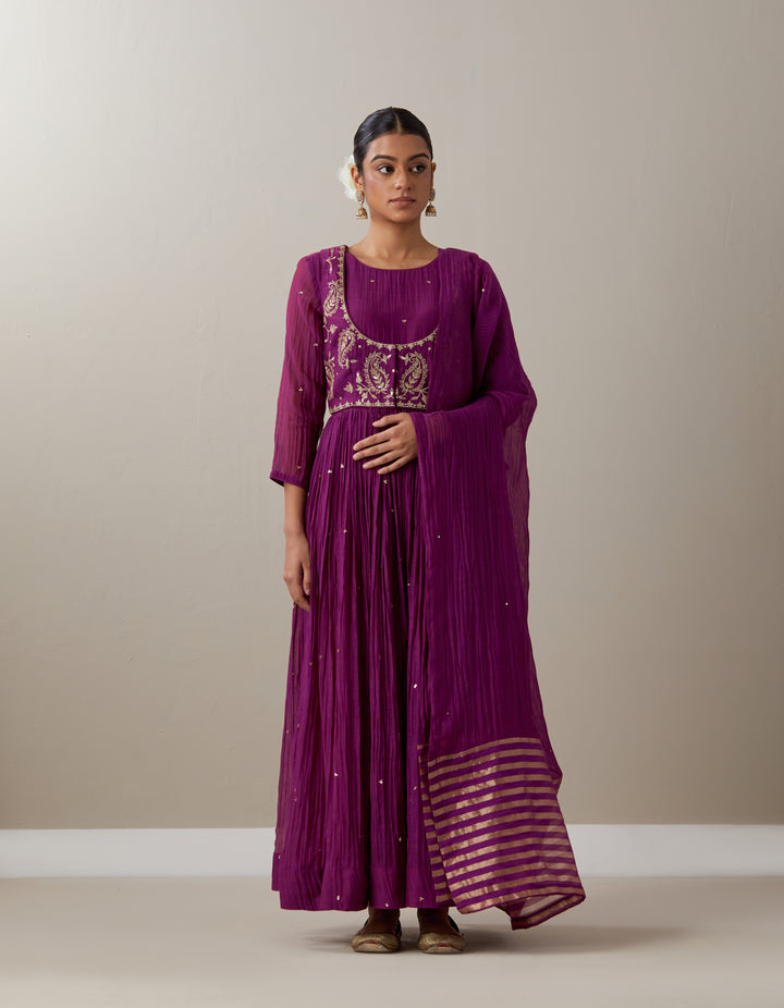 Purple embroidered soft chanderi dupatta