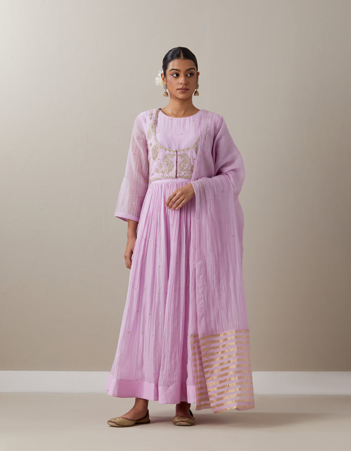 Light Pink embroidered soft chanderi kurta with cotton pants and soft chanderi dupatta- Set of 3