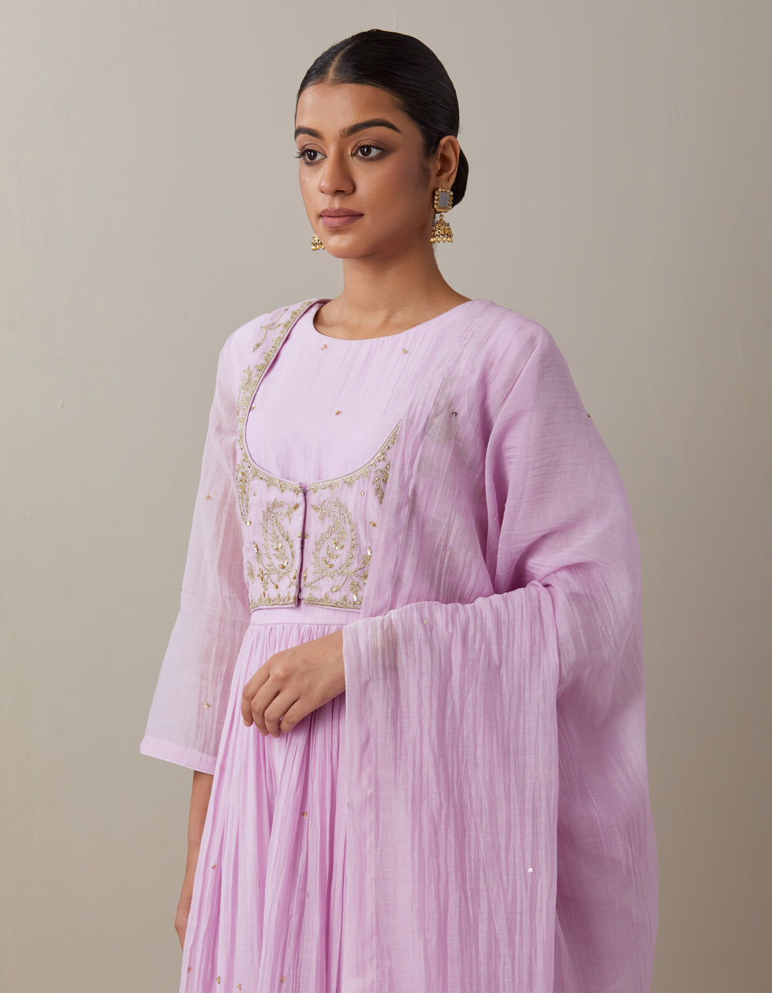 Light Pink embroidered soft chanderi kurta with cotton pants - Set of 2