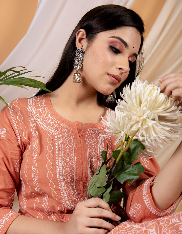 Fiza Rust orange chikankari cotton kurta