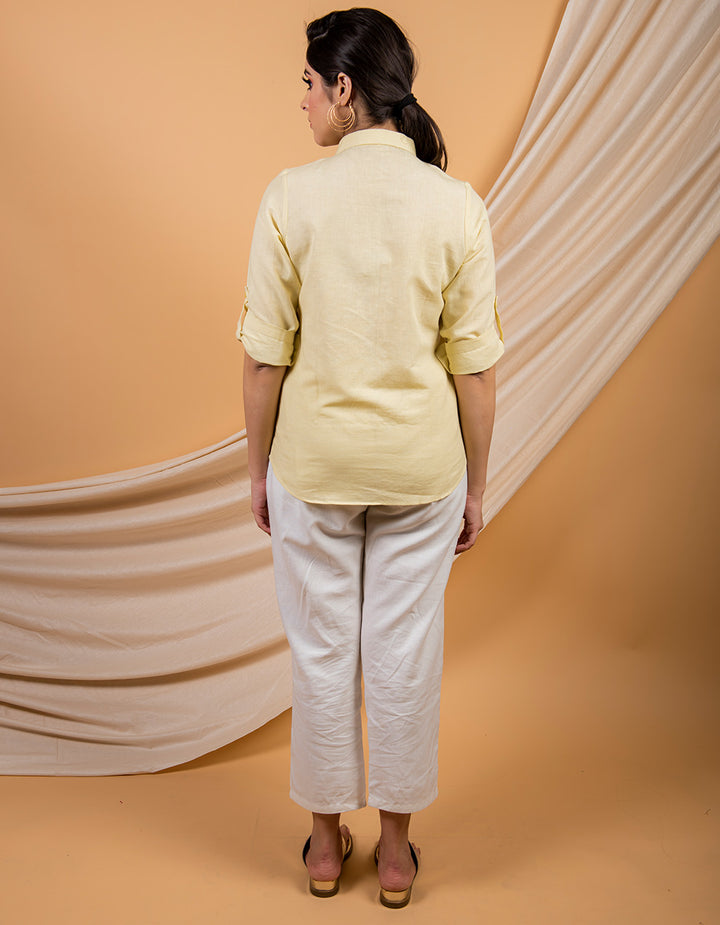 Yellow cotton linen shirt with white pant - set of 2