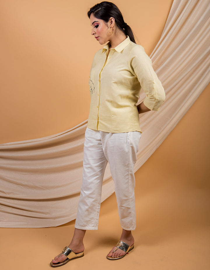 Yellow cotton linen shirt with white pant - set of 2