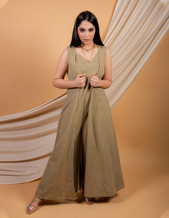 Olive green cotton linen  jumpsuit with cape-  Set of 2