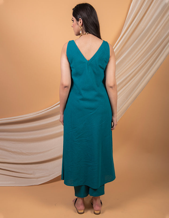 Teal Blue cotton linen A-line dress with pockets in the side