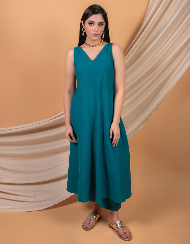 Teal Blue cotton linen A-line dress with pockets in the side