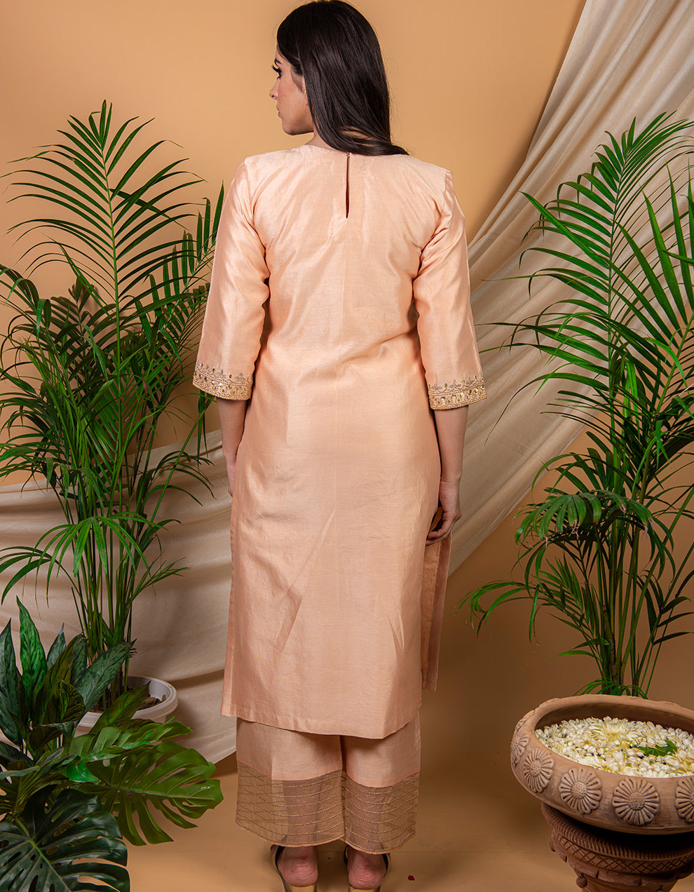 Peach Chanderi Silk Kurta with Silk Palazzo - Set of 2