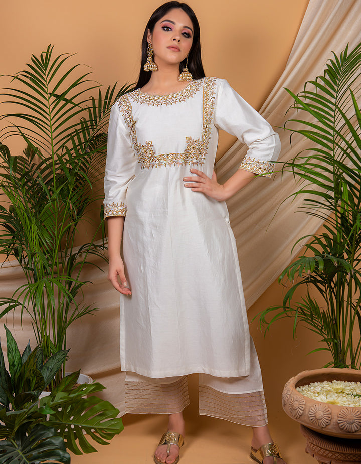 White hand chanderi silk kurta with silk palazzo and organza dupatta- Set of 3